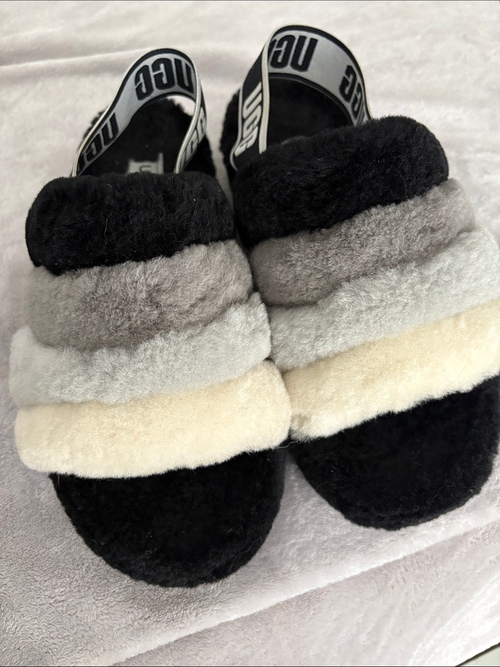 UGG Multi-Striped Faux Shearling Slide in Black, Gray, Cream
